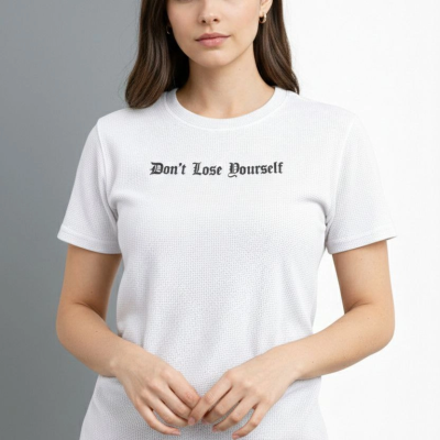 Kadın Wafıl Kumaş Tişört Regular Kalıp Bisiklet Yaka Baskılı T-Shirt - Beyaz