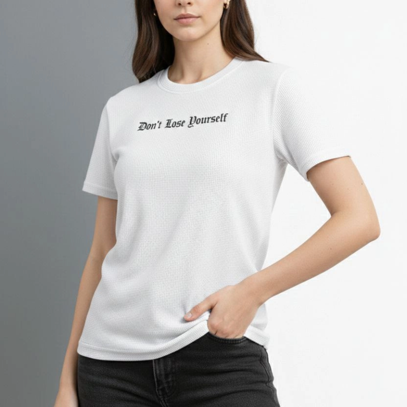 Kadın Wafıl Kumaş Tişört Regular Kalıp Bisiklet Yaka Baskılı T-Shirt - Beyaz