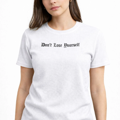 Kadın Wafıl Kumaş Tişört Regular Kalıp Bisiklet Yaka Baskılı T-Shirt - Beyaz