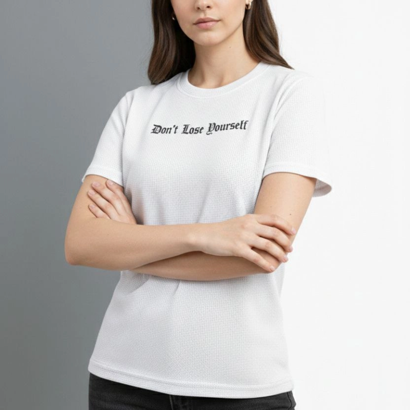 Kadın Wafıl Kumaş Tişört Regular Kalıp Bisiklet Yaka Baskılı T-Shirt - Beyaz