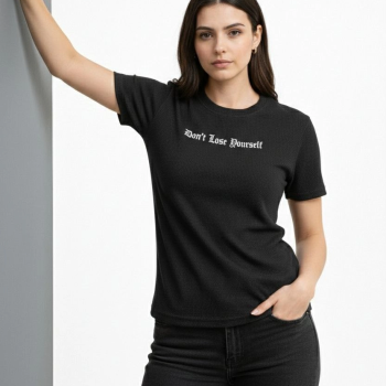 Kadın Wafıl Kumaş Tişört Regular Kalıp Bisiklet Yaka Baskılı T-Shirt - Siyah