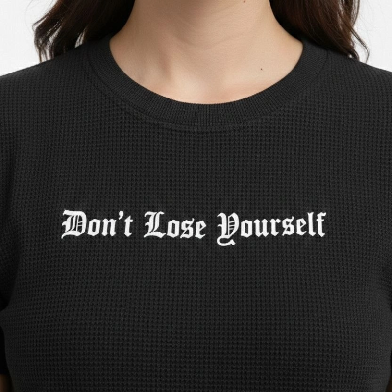 Kadın Wafıl Kumaş Tişört Regular Kalıp Bisiklet Yaka Baskılı T-Shirt - Siyah