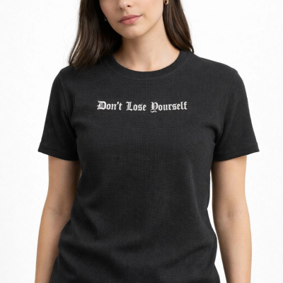 Kadın Wafıl Kumaş Tişört Regular Kalıp Bisiklet Yaka Baskılı T-Shirt - Siyah