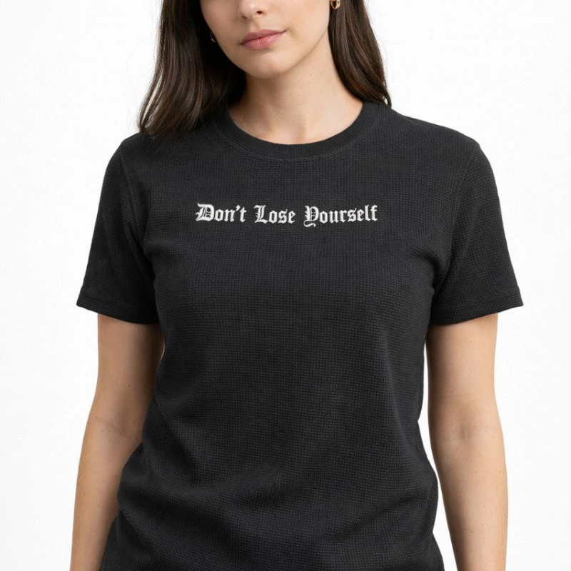 Kadın Wafıl Kumaş Tişört Regular Kalıp Bisiklet Yaka Baskılı T-Shirt - Siyah