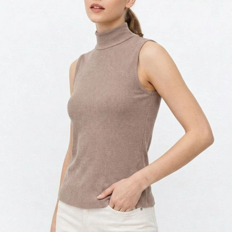 Kadın Yarım Balıkçı Yaka Fitilli Kaşkorse Atlet Basic Şık Badi - Bej