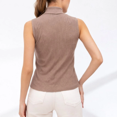 Kadın Yarım Balıkçı Yaka Fitilli Kaşkorse Atlet Basic Şık Badi - Bej