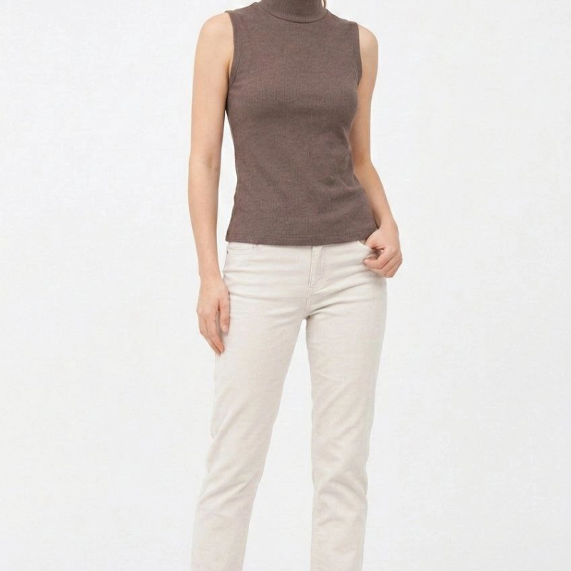 Kadın Yarım Balıkçı Yaka Fitilli Kaşkorse Atlet Şık Bluz Badi - Kahverengi