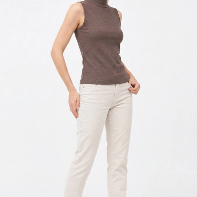 Kadın Yarım Balıkçı Yaka Fitilli Kaşkorse Atlet Şık Bluz Badi - Kahverengi