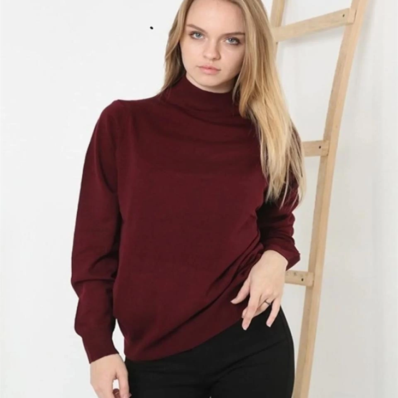 Kadın Yarım Balıkçı Yaka Triko Kazak - Bordo