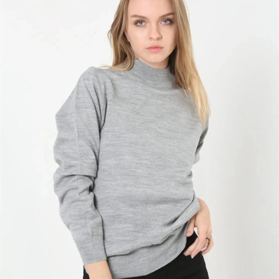 Kadın Yarım Balıkçı Yaka Triko Kazak - Gri