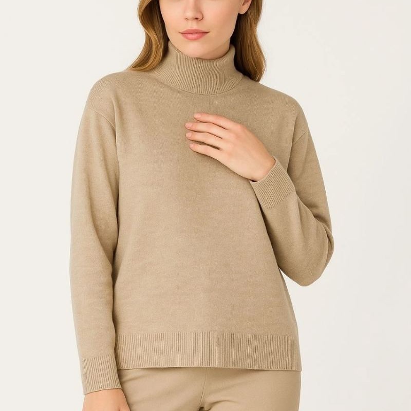 Kadın Yarım Boğaz Triko Yumuşak Dokulu Pamuklu Uzun Kollu Kazak - Bej