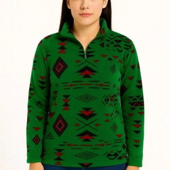 Kadın Yarım Fermuarlı Desenli Polar Sweat Tribal Etnik Desen Yakalı Uzun Kollu - Yeşil
