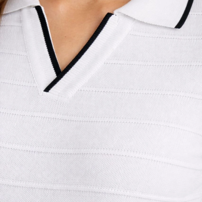 Kadın Yazlık Dokuma Triko Tişört Düğmesiz Polo Yaka Kısa Kol T-Shirt - Beyaz