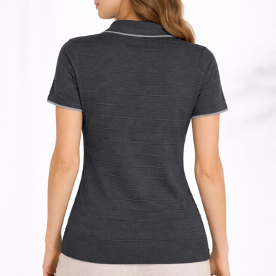 Kadın Yazlık Dokuma Triko Tişört Düğmesiz Polo Yaka Kısa Kol T-Shirt - Siyah