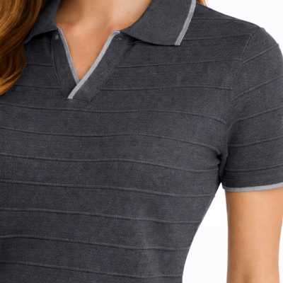 Kadın Yazlık Dokuma Triko Tişört Düğmesiz Polo Yaka Kısa Kol T-Shirt - Siyah