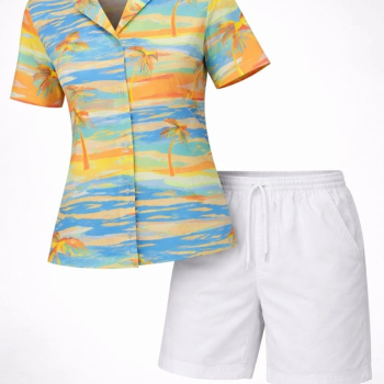 Kadın Yazlık Tropikal Desenli Gömlek Şort Takım Rahat Kalıp Tatil Kombin  - Desenli