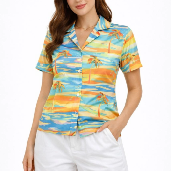 Kadın Yazlık Tropikal Desenli Gömlek Şort Takım Rahat Kalıp Tatil Kombin  - Desenli