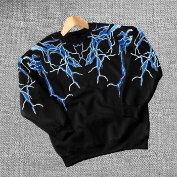 Kadın Yıldırım Baskılı Bisiklet Yaka 3 iplik pamuklu Sweatshirt - Siyah