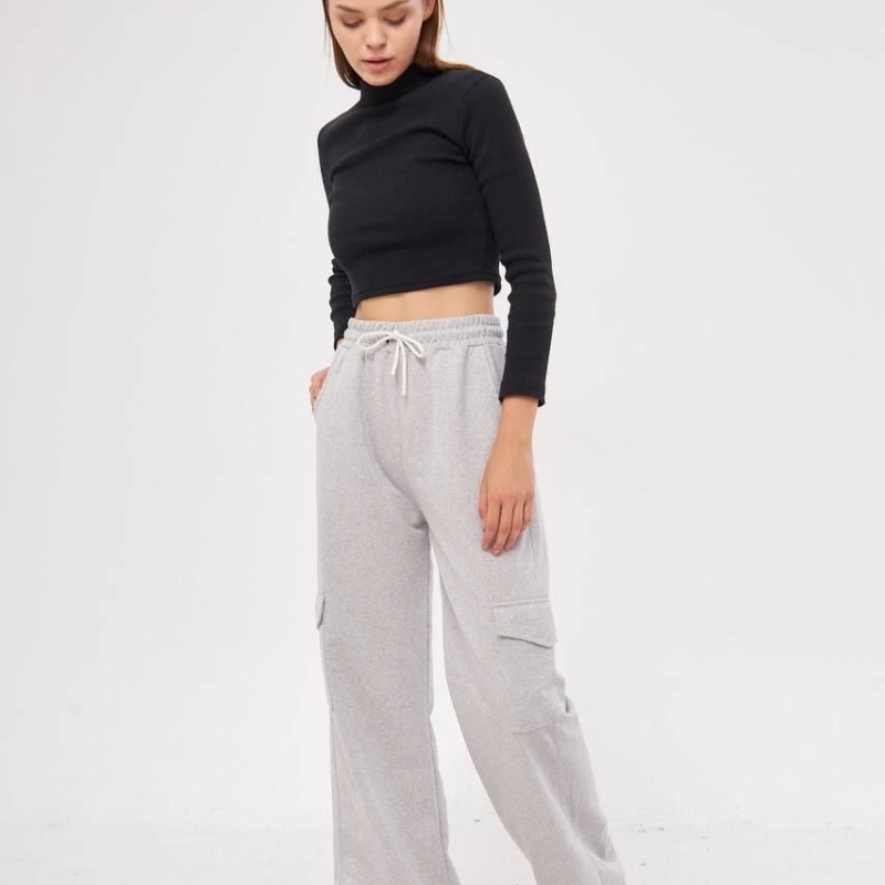 Kadın Yüksek Bel Kargo Cepli Palazzo Pantolon Oversize Bol Paça - Gri