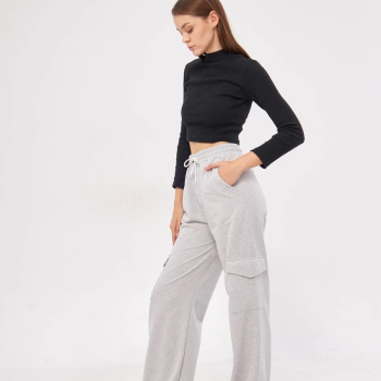 Kadın Yüksek Bel Kargo Cepli Palazzo Pantolon Oversize Bol Paça - Gri