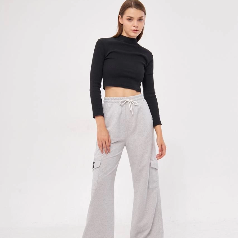 Kadın Yüksek Bel Kargo Cepli Palazzo Pantolon Oversize Bol Paça - Gri