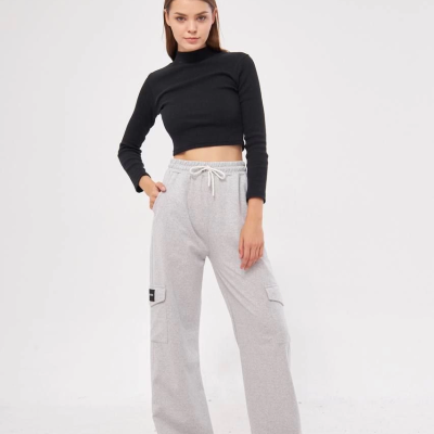 Kadın Yüksek Bel Kargo Cepli Palazzo Pantolon Oversize Bol Paça - Gri