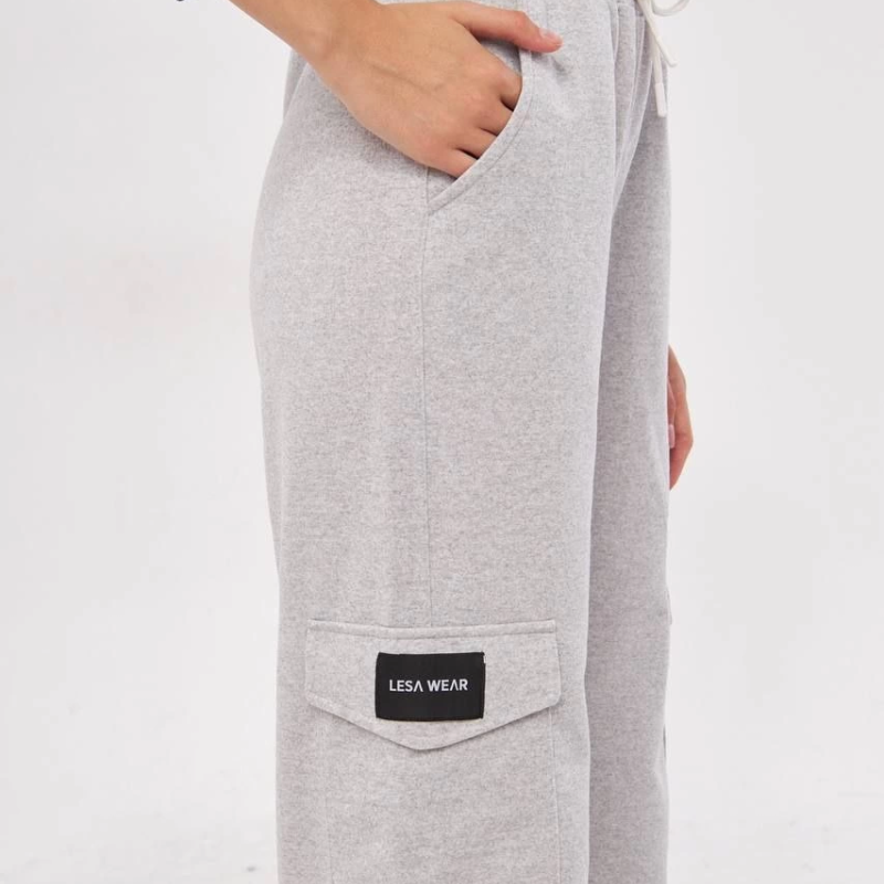 Kadın Yüksek Bel Kargo Cepli Palazzo Pantolon Oversize Bol Paça - Gri