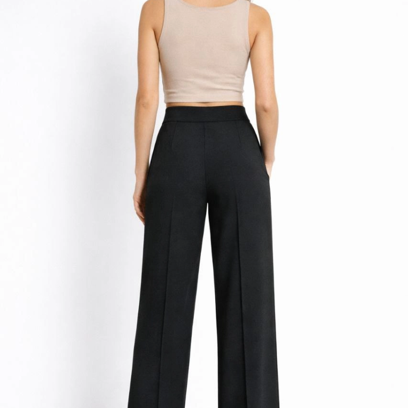 Kadın Yüksek Bel Palazzo Pantolon Çima Dikişli Bol Paça - Siyah