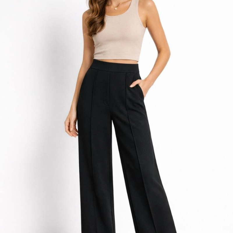 Kadın Yüksek Bel Palazzo Pantolon Çima Dikişli Bol Paça - Siyah