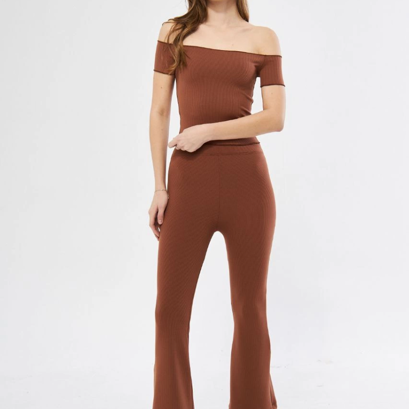 Kadın Yüksel Bel Fitilli İspanyol Paça Tayt - Kahve