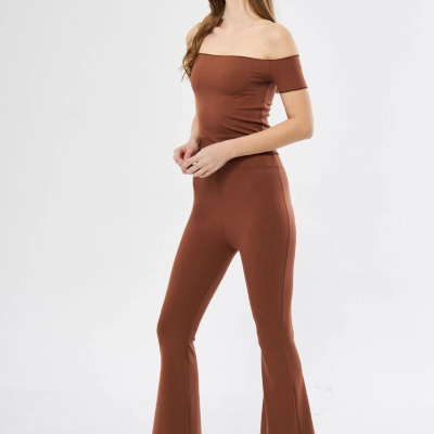 Kadın Yüksel Bel Fitilli İspanyol Paça Tayt - Kahve