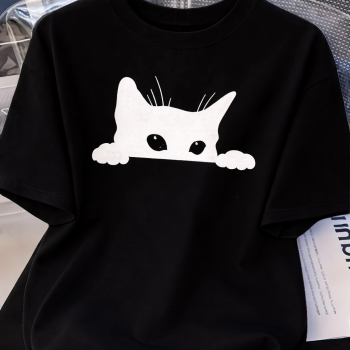 Kadınlar için Siyah Kedi Grafik Tişört - Oversize Kısa Kollu Üst Nefes Alabilir - Siyah