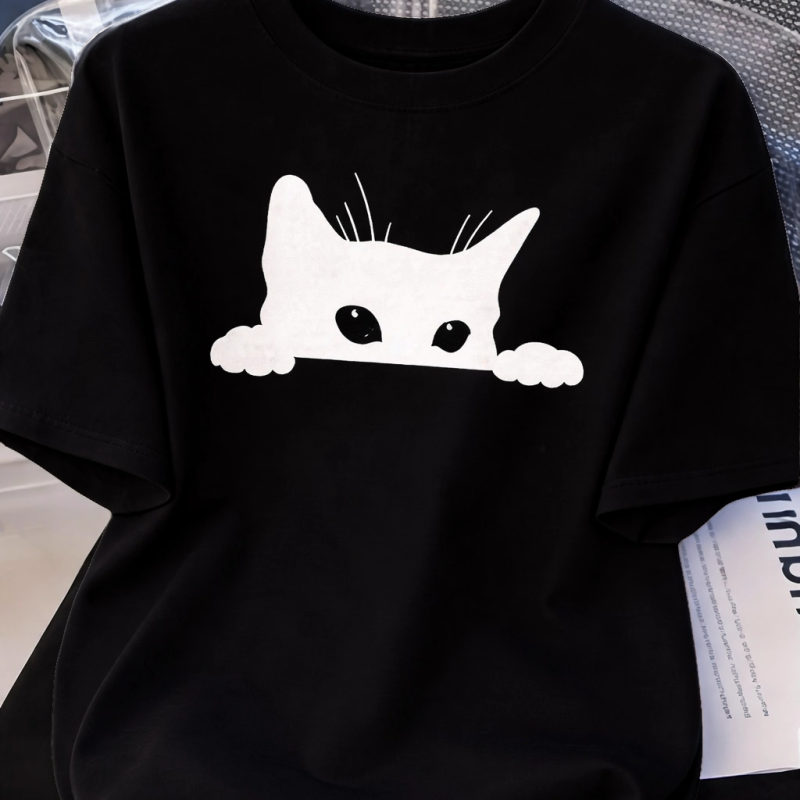 Kadınlar için Siyah Kedi Grafik Tişört - Oversize Kısa Kollu Üst Nefes Alabilir - Siyah