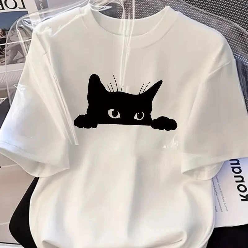 Kadınlar için Siyah Kedi Grafik Tişört - Oversize Kısa Kollu Üst Nefes Alabilir - Beyaz