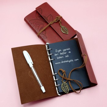 Kahverengi Deri Siyah Yapraklı Defter Ve Beyaz Jel Kalem Seti