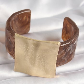 Kahverengi Mermer Desen Akrilik Plastik Gold Kare Plaka Model Vintage Kadın Bilezik