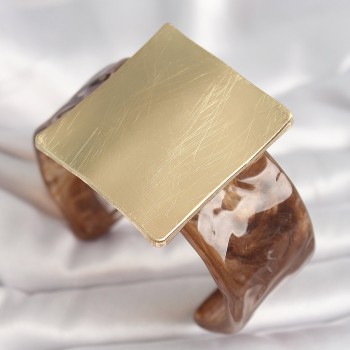 Kahverengi Mermer Desen Akrilik Plastik Gold Kare Plaka Model Vintage Kadın Bilezik