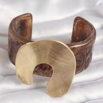 Kahverengi Mermer Desen Akrilik Plastik Gold Nal Model Plaka Vintage Kadın Bilezik