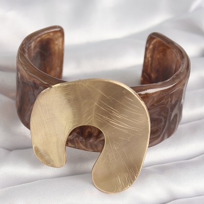 Kahverengi Mermer Desen Akrilik Plastik Gold Nal Model Plaka Vintage Kadın Bilezik