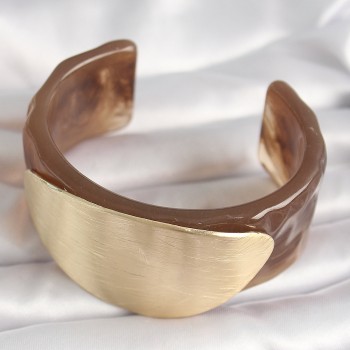 Kahverengi Mermer Desen Akrilik Plastik Gold Oval Plaka Model Vintage Kadın Bilezik