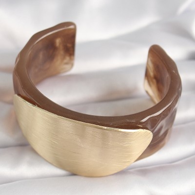 Kahverengi Mermer Desen Akrilik Plastik Gold Oval Plaka Model Vintage Kadın Bilezik