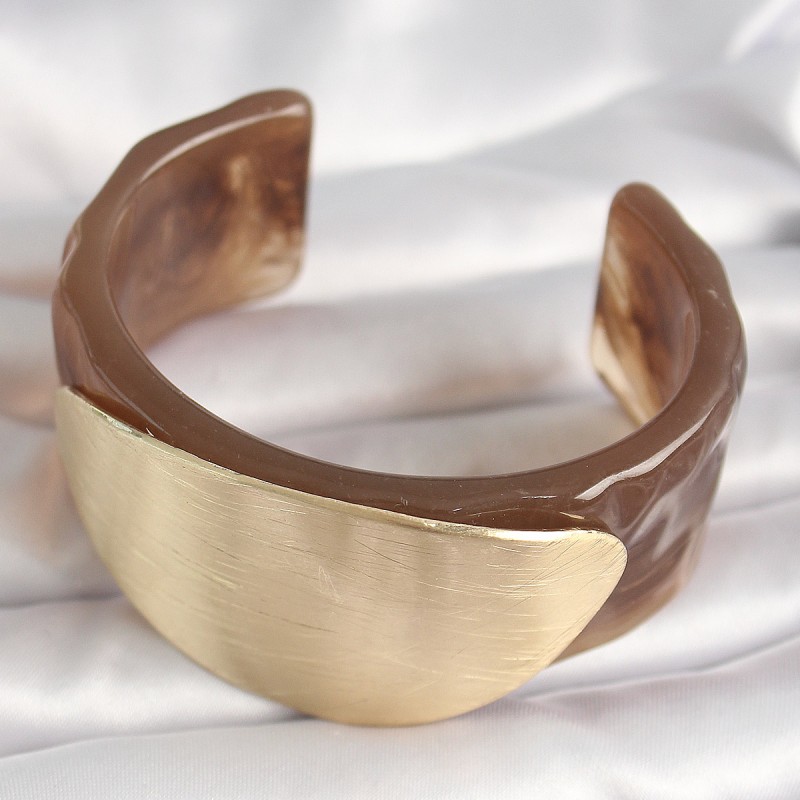 Kahverengi Mermer Desen Akrilik Plastik Gold Oval Plaka Model Vintage Kadın Bilezik