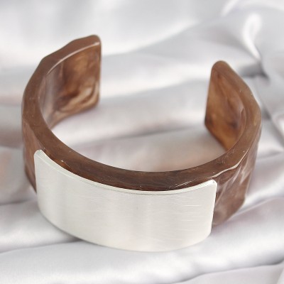 Kahverengi Mermer Desen Akrilik Plastik Gümüş Dikdörtgen Plaka Vintage Kadın Bilezik