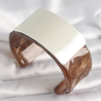 Kahverengi Mermer Desen Akrilik Plastik Gümüş Dikdörtgen Plaka Vintage Kadın Bilezik