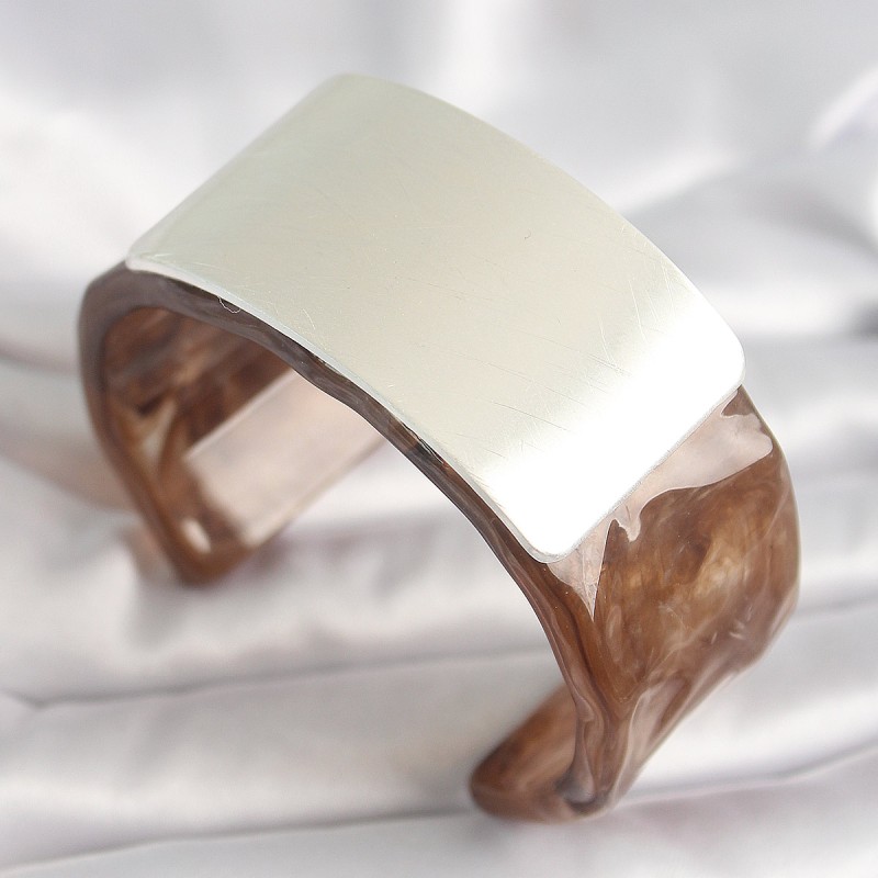 Kahverengi Mermer Desen Akrilik Plastik Gümüş Dikdörtgen Plaka Vintage Kadın Bilezik