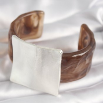 Kahverengi Mermer Desen Akrilik Plastik Gümüş Kare Plaka Model Vintage Kadın Bilezik