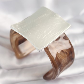 Kahverengi Mermer Desen Akrilik Plastik Gümüş Kare Plaka Model Vintage Kadın Bilezik