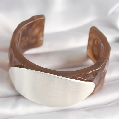 Kahverengi Mermer Desen Akrilik Plastik Gümüş Oval Plaka Model Vintage Kadın Bilezik