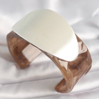 Kahverengi Mermer Desen Akrilik Plastik Gümüş Oval Plaka Model Vintage Kadın Bilezik