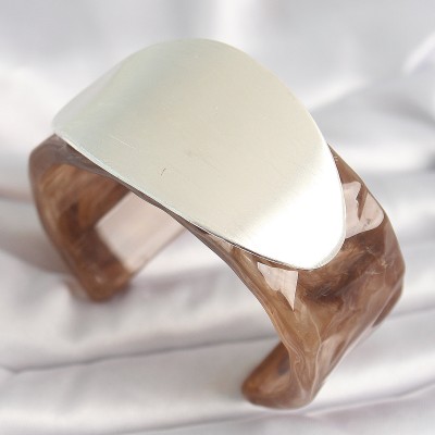 Kahverengi Mermer Desen Akrilik Plastik Gümüş Oval Plaka Model Vintage Kadın Bilezik